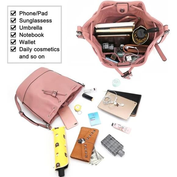 Bucket Bags and Drawstring with 2 Shoulder Straps Pink - Picture 3 of 6